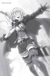  1girl :d artist_name asymmetrical_sleeves belt belt_buckle black_gloves blush boots bow_(weapon) buckle cape closed_eyes dutch_angle elf facing_viewer floating_hair from_below gloves goblin_slayer! greyscale groin high_elf_archer_(goblin_slayer!) highres kannatsuki_noboru long_hair monochrome navel novel_illustration official_art open_mouth outstretched_arms outstretched_hand pointy_ears ponytail short_shorts shorts smile solo standing thigh_boots thighhighs very_long_hair weapon zettai_ryouiki 