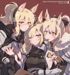  3girls animal_ear_fluff animal_ears arknights black_gloves black_sweater blemishine_(arknights) blonde_hair blue_eyes blush bow breasts chain character_name cloak closed_mouth collar commentary dog_collar eyebrows_visible_through_hair fur-trimmed_cloak fur_trim gloves hair_between_eyes hair_bow headphones highres horse_ears kyou_039 long_hair looking_at_viewer medium_breasts multiple_girls nearl_(arknights) open_mouth orange_eyes patterned_clothing polka_dot polka_dot_background ponytail red_background ribbed_sweater simple_background smile sweater turtleneck turtleneck_sweater twitter_username upper_body whislash_(arknights) white_cloak yellow_eyes 