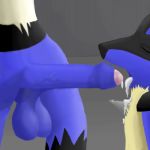 1:1 ambiguous_gender anthro balls black_body black_fur blue_body blue_fur bodily_fluids canid canine crotch_shot cum cum_drip cum_in_mouth cum_inside dripping duo erection eyes_closed fur genital_fluids genitals humanoid_genitalia humanoid_penis lucario male male/ambiguous mammal nintendo open_mouth penis pok&eacute;mon pok&eacute;mon_(species) shadow simple_background spikes tongue video_games yellow_body yellow_fur 