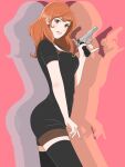  1girl bangs black_dress black_legwear breasts brown_eyes brown_hair commentary_request cowboy_shot dress from_side gun handgun highres holding holding_gun holding_weapon k1921 large_breasts long_hair looking_at_viewer lupin_iii mine_fujiko parted_lips pink_background shiny shiny_hair short_dress short_sleeves solo standing straight_hair thighhighs weapon zettai_ryouiki 