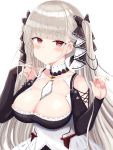  1girl absurdres azur_lane bare_shoulders between_breasts black_dress breasts cleavage dress earrings eyebrows_visible_through_hair formidable_(azur_lane) frilled_dress frills gothic_lolita grey_hair hair_ribbon highres inori_mochi jewelry large_breasts lolita_fashion long_hair looking_at_viewer platinum_blonde_hair red_eyes ribbon simple_background solo twintails two-tone_dress two-tone_ribbon upper_body very_long_hair white_background 