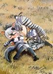  2girls aardwolf_(kemono_friends) aardwolf_ears aardwolf_print aardwolf_tail animal_ears animal_print armpits bangs black_hair blush bodystocking chibi closed_eyes counting day ear_blush elbow_gloves extra_ears eyebrows_visible_through_hair fuji_takanasu full_body furrowed_eyebrows gloves grass grey_hair hair_between_eyes highres kemono_friends kneeling knees_together_feet_apart long_hair long_sleeves looking_at_another lying multicolored_hair multiple_girls necktie nose_blush on_back on_ground open_mouth outdoors pantyhose plains_zebra_(kemono_friends) print_gloves print_legwear print_shirt shirt short_over_long_sleeves short_sleeves shorts skirt sleeveless sleeveless_shirt smile streaked_hair sweat tail two-tone_hair very_long_hair yellow_eyes zebra_ears zebra_print zebra_tail 