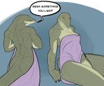  anthro big_breasts breasts butt covering covering_self crocodilian dialogue f_draws fangs female green_body green_scales hi_res mostly_nude muscular muscular_female reptile scales scalie sharp_teeth sitting solo tagme teeth thick_tail towel towel_only yellow_sclera 