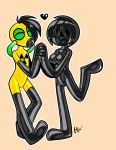  ambiguous_species black_body black_hair drone duo female gas_mask green_eyes hair hand_holding happy hi_res humanoid lettuce_(artist) male mask not_furry radiation_symbol romantic_couple rubber unknown_species yellow_body 