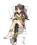  1girl anklet armlet bare_shoulders black_hair black_legwear black_ribbon closed_mouth crossed_legs detached_sleeves earrings elbow_rest eyebrows_visible_through_hair fate/grand_order fate_(series) feet frown hair_ribbon hoop_earrings ishtar_(fate)_(all) ishtar_(fate/grand_order) jewelry long_hair long_sleeves looking_at_viewer nishikuromori red_eyes ribbon simple_background single_detached_sleeve single_thighhigh sitting solo thighhighs tiara toeless_legwear two_side_up very_long_hair white_background 
