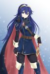  1girl bangs black_gloves black_pants blue_background blue_dress blue_eyes blue_footwear blue_hair boots chaesu closed_mouth crown dress falchion_(fire_emblem) fingerless_gloves fire_emblem fire_emblem_awakening floating_hair gloves gradient gradient_background hair_between_eyes hairband hand_on_hilt highres long_hair looking_at_viewer lucina_(fire_emblem) pants pants_under_dress shiny shiny_hair short_dress solo standing thigh_boots thighhighs very_long_hair 