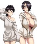  2girls arm_behind_head arm_up bangs black_hair blue_eyes blush breasts cleavage collarbone commentary covered_nipples cowboy_shot english_commentary eyebrows_visible_through_hair freckles hair_over_one_eye heart hood hood_down hoodie huge_breasts light_smile long_sleeves looking_at_viewer low_ponytail mari_(twrlare) medium_hair multiple_girls no_bra off_shoulder open_clothes open_hoodie original oversized_clothes partially_unzipped saya_(twrlare) short_hair short_ponytail simple_background single_bare_shoulder sleeves_past_fingers sleeves_past_wrists smile solo sweater thigh_gap twitter_username twrlare white_background white_hoodie white_sweater yellow_eyes zipper_pull_tab 