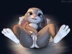  2020 3_toes 4:3 anthro conditional_dnp digital_drawing_(artwork) digital_media_(artwork) disney female fingers fur genitals hi_res judy_hopps lagomorph leporid long_ears looking_at_viewer lying mammal mercurial64 nude on_back pillow presenting purple_eyes pussy rabbit solo spread_legs spreading teeth toes zootopia 