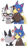  animal_crossing anthro blonde_hair blue_body blue_fur blush canid canine canis clothing domestic_cat duo embarrassed eyewear felid feline felis fur glasses grey_body grey_fur hair jacket licking male male/male mammal nintendo nobinolife raymond_(animal_crossing) tongue tongue_out topwear video_games wolf wolfgang_(animal_crossing) 