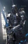  1other ambiguous_gender armor commentary copyright_name cowboy_shot demon&#039;s_souls facing_viewer full_armor gauntlets helm helmet highres holding holding_sword holding_weapon indoors knight mono_(jdaj) penetrator_(demon&#039;s_souls) shoulder_armor souls_(from_software) sword weapon window 
