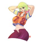  1girl artist_name breasts colored_inner_hair english_commentary eyebrows_visible_through_hair green_eyes green_hair hair_ornament hairclip large_breasts leaning_back looking_to_the_side midriff multicolored_hair navel open_fly pants pink_hair purple_pants redline short_hair smile snowcie solo sonoshee_mclaren thick_lips 