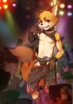  absurd_res anthro athletic athletic_anthro athletic_male bulge canid canine clothed clothing clothing_lift collar condom dtrreuaem ear_piercing fox hi_res male mammal nipple_piercing nipples pants_down partially_clothed pecs piercing pole sexual_barrier_device shirt shirt_lift solo stripper stripper_pole topwear young 