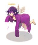 1boy angel angel_wings bangs barefoot blood blood_on_face bloody_clothes commentary_request danganronpa detached_wings feathered_wings floating full_body grin hair_between_eyes halo highres jacket naked_jacket nanin new_danganronpa_v3 open_clothes ouma_kokichi pink_blood pink_jacket purple_eyes purple_hair short_hair sleeves_past_fingers sleeves_past_wrists smile solo white_wings wings 