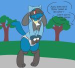  anthro baby_pok&eacute;mon blue_body blue_fur canid canine clothing costume desperate desperation diaper english_text fur lucario male mammal nintendo omorashi park pok&eacute;mon pok&eacute;mon_(species) riolu ritzcat solo text unseen_character video_games yellow_body yellow_fur 