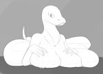 anthro areola big_breasts breast_squish breasts female hand_on_breast monochrome natural_breasts nipples reptile scalie snake solo squish zokva 