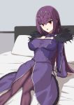  1girl bangs blush breasts cleavage detached_collar dress elfenlied22 fate/grand_order fate_(series) fur-trimmed_dress fur_trim hair_between_eyes highres large_breasts leaning_back long_hair long_sleeves looking_at_viewer on_bed open_mouth pantyhose pillow purple_dress purple_hair purple_legwear red_eyes scathach_(fate)_(all) scathach_skadi_(fate/grand_order) sitting thighs tiara 