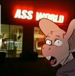  amazed ambiguous_gender anthro brown_body brown_fur buckteeth clothed clothing english_text excited fur humor in_awe izzy223 looking_at_viewer looking_back mammal meme murid murine night open_mouth outside photo_background public rat rodent sign solo store teeth text tongue topwear wide_eyed 