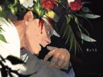  1boy black_hair bleeding blood blood_on_face bloody_nose blurry_foreground buzz_cut facial_hair flower from_side furrowed_eyebrows golden_kamuy green_eyes hat imperial_japanese_army injury kepi male_focus military_hat oku_(2964_okn) red_flower solo tsukishima_hajime white_flower 