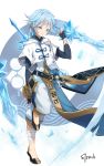  1boy absurdres bandaged_arm bandaged_leg bandages belt blue_eyes blue_hair chongyun_(genshin_impact) closed_mouth floating floating_weapon genshin_impact highres ice leg_up male_focus small_garbage solo standing standing_on_one_leg sword weapon weapon_on_back 