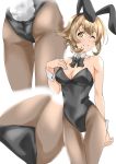  1girl animal_ears black_leotard black_neckwear bow bowtie breasts brown_hair brown_legwear bunny_ears bunny_tail commentary_request cowboy_shot detached_collar highres kantai_collection large_breasts leotard looking_at_viewer maonatten multiple_views mutsu_(kantai_collection) pantyhose playboy_bunny short_hair simple_background standing strapless strapless_leotard tail thigh_gap white_background wrist_cuffs yellow_eyes 