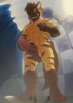  2020 4_toes abs ambiguous_gender ambiguous_species anthro balls brown_hair detailed_background fur genitals group hair hasani_(bishop_yeen) hi_res holding_penis hyaenid larger_male leg_markings low-angle_view male mammal markings megan_(artist) micro muscular muscular_anthro muscular_male nipples nude penis shower size_difference smaller_ambiguous sneer socks_(marking) solo_focus stripes tan_body tan_fur toes vein veiny_penis 