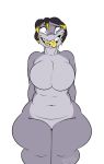  anthro big_breasts black_hair blonde_highlights breasts durg_(artist) eyelashes featureless_breasts female fish green_eyes grey_body grey_skin hair hi_res highlights_(coloring) lightningjolt marine navel shark sharp_teeth simple_background solo teeth thick_thighs tongue tongue_out white_background yellow_tongue 