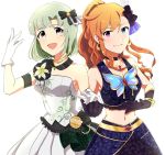  2girls :d bare_shoulders black_gloves blue_eyes blush collarbone dress earrings gloves green_hair grey_eyes hair_ribbon heterochromia highres idolmaster idolmaster_(classic) idolmaster_one_for_all idolmaster_stella_stage jewelry leon_(idolmaster) long_hair looking_at_viewer midriff mole mole_under_eye multiple_girls navel necklace open_mouth orange_hair ponytail purple_eyes purple_shirt purple_skirt ribbon shiika_(idolmaster) shirt short_hair skirt sleeveless sleeveless_dress sleeveless_shirt smile strapless strapless_dress white_background white_dress white_gloves yoshi_no_yaiba 