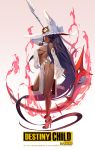 1girl absurdres bare_shoulders breasts cacus copyright_name dark_skin destiny_child fire full_body hair_between_eyes hair_ornament hat heterochromia high_heels highres large_breasts logo long_hair mole mole_under_eye mole_under_mouth official_art purple_eyes red_eyes scythe sideboob solo standing standing_on_one_leg very_long_hair zig90 