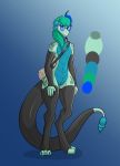  andromorph anthro armwear bastiel belly blue_belly blue_eyes blue_horn clothing dragon green_body green_hair green_scales hair hi_res horn intersex legwear lorekeeper_(character) scales scroll solo tailwear 