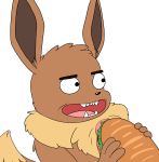  4_fingers absurd_res alpha_channel ambiguous_gender anthro black_nose brown_body brown_fur chromethefox eevee fingers food fur hi_res holding_food holding_object looking_aside nintendo open_mouth pok&eacute;mon pok&eacute;mon_(species) reaction_image sandwich_(food) solo teeth video_games wide_eyed wtf_face 