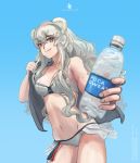  1girl absurdres animal_ears arknights artist_name artist_request bangs bear_ears bikini blue_background blue_eyes bottle brand_name_imitation breasts collarbone commentary cowboy_shot english_commentary eyebrows_visible_through_hair foreshortening giving gradient gradient_background grey_hair highres holding holding_bottle incoming_drink looking_at_viewer medium_breasts multicolored_hair navel pocari_sweat rosa_(arknights) smile solo standing streaked_hair swimsuit towel towel_on_one_shoulder water_bottle white_bikini 