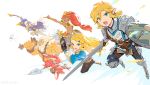  3boys armor blanco026 blonde_hair bow_(weapon) dark_skin dark_skinned_female daruk gerudo goron highres hyrule_warriors:_age_of_calamity link long_hair mipha multiple_boys open_mouth pointy_ears polearm ponytail princess_zelda red_hair revali rito sheikah_slate shield soldier_link sword the_legend_of_zelda the_legend_of_zelda:_breath_of_the_wild trident urbosa weapon zora 