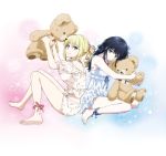  2girls angelina_kudou_shields artist_request bare_legs barefoot black_hair blonde_hair blue_eyes capri_pants feet hair_ornament highres long_hair mahouka_koukou_no_rettousei multiple_girls necktie pajamas pants pink_pajamas shiba_miyuki sleepwear snowflake_hair_ornament snowflake_print snowflakes stuffed_animal stuffed_toy teddy_bear 