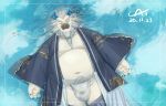  2020 absurd_res anthro asian_clothing barely_visible_genitalia barely_visible_penis belly bulge cai1448331577 clothing dragon east_asian_clothing fundoshi fur genitals hi_res japanese_clothing kemono lying male navel overweight overweight_male penis robe solo underwear white_body white_fur 