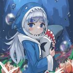  1girl air_bubble animal_hood arms_up blue_background blue_eyes blue_hair blue_hoodie blue_sleeves blush bubble coral eyebrows_visible_through_hair gawr_gura highres holding hololive hololive_english hood hoodie long_hair long_sleeves looking_to_the_side ocean orobou plant pout seaweed shark shark_hood solo stuffed_animal stuffed_toy underwater upper_body white_hair 
