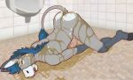  2020 anthro asinus bathroom blue_hair bodily_fluids bucklebunny butt covered_in_urine donkey ellis_(bucklebunny) equid equine genital_fluids genitals hair inside male mammal nude penis solo tile_floor urinal urine urine_pool watersports 