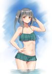  1girl absurdres bangs bare_arms bare_shoulders bikini blue_bikini blush breasts c-da closed_mouth cloud collarbone commentary_request day eyebrows_visible_through_hair grey_hair hair_ribbon halterneck hand_in_hair hand_on_hip highres kantai_collection kasumi_(kantai_collection) layered_bikini long_hair navel outdoors ponytail ribbon sidelocks sky small_breasts solo standing stomach swimsuit wading water wet yellow_eyes 