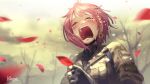  1girl artist_name bare_tree big_boss big_boss_(cosplay) black_gloves blurry blush braid camouflage closed_eyes commentary cosplay crying depth_of_field earrings fingerless_gloves flower flower_earrings gloves hikosan20216917 honma_himawari jewelry metal_gear_(series) metal_gear_solid_3 military military_uniform nijisanji open_mouth outdoors parody petals pink_hair sad short_hair signature solo sunflower tactical_clothes tree uniform upper_body virtual_youtuber 
