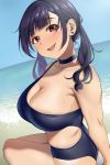  1girl black_hair black_swimsuit blue_sky breasts brown_eyes casual_one-piece_swimsuit choker cleavage cloud commentary_request cowboy_shot day fang highres horizon igarashi_kyouhei large_breasts long_hair looking_at_viewer ocean one-piece_swimsuit open_mouth original outdoors sitting sky smile solo swimsuit twintails 