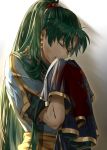  1girl backlighting blood bloody_clothes blue_dress clenched_teeth commentary crying delsaber dress earrings fire_emblem fire_emblem:_the_blazing_blade green_hair highres holding holding_clothes jewelry long_hair lyn_(fire_emblem) ponytail scratches teeth 