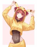  1girl :3 :d arms_up bangs black_leotard blush breasts collarbone commentary_request cosplay covered_navel cowboy_shot crop_top eyebrows_visible_through_hair gen_1_pokemon grin highres hololive houshou_marine leotard leotard_under_clothes long_hair long_sleeves looking_at_viewer medium_breasts no_eyepatch oni0417 open_mouth pikachu pikachu_(cosplay) pikachu_costume pink_background pokemon purple_hair red_eyes smile solo teeth two-tone_background underboob yellow_eyes 