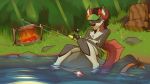  16:9 2020 anthro chazcatrix day detailed_background digital_media_(artwork) fishing forest grass hi_res male outside partially_submerged sky solo tree widescreen 