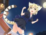  1girl :d absurdres alternate_costume animal_ear_fluff animal_ears bangs black_dress blonde_hair blue_bow blush bow cat_ears cat_girl cat_tail clenched_hands dress dutch_angle extra_ears fang frilled_dress frills full_moon hair_between_eyes hair_bow highres kemono_friends looking_at_viewer moon night open_mouth outdoors sand_cat_(kemono_friends) sandals sash shiraha_maru short_hair short_sleeves sky smile solo standing standing_on_one_leg star_(sky) starry_sky tail thighhighs twitter_username white_legwear yellow_eyes 