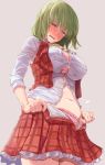  1girl ascot belly blush bra breasts bursting_breasts commentary_request cowboy_shot dutch_angle green_hair grey_background highres jewelry kazami_yuuka looking_down medium_hair navel open_mouth panties pink_bra pink_panties plaid plaid_skirt plump red_eyes ring simple_background skirt solo touhou unbuttoned unbuttoned_shirt unbuttoned_skirt undersized_clothes underwear wedding_band weight_conscious yohane 