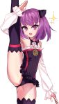  1girl bangs bare_shoulders black_legwear blush breasts chawan_(yultutari) detached_collar detached_sleeves dress fate/grand_order fate_(series) flexible helena_blavatsky_(fate/grand_order) highres leg_lift leg_up looking_at_viewer open_mouth purple_eyes purple_hair short_dress short_hair simple_background small_breasts sparkle split standing standing_on_one_leg standing_split strapless strapless_dress thighhighs thighs white_background white_sleeves 
