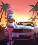  anthro blowing_bubble bottomwear bubble_gum candy car car_hood clothing demon dessert eyewear female food gum hi_res horn legwear license_plate navel nissan on_hood palm_tree peculiart shirt short_jeans shorts silvia_(peculiart) solo spade_tail stockings sunglasses sunset tank_top text text_on_clothing text_on_shirt text_on_topwear topwear torn_clothing torn_legwear torn_stockings tree vehicle 