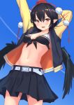  1girl adapted_costume bikini bikini_under_clothes black_bikini black_hair black_skirt breasts cleavage cowboy_shot hat highres jacket long_sleeves medium_breasts midriff navel open_clothes open_mouth pointy_ears pom_pom_(clothes) red_eyes roke_(taikodon) shameimaru_aya short_hair skirt sky stomach swimsuit tokin_hat touhou unzipped 