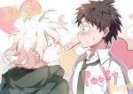  2boys absurdres ahoge bangs blush brown_hair closed_eyes collared_shirt commentary danganronpa dated food from_side green_eyes green_hoodie green_neckwear hand_up heart highres hinata_hajime hood hoodie imminent_kiss komaeda_nagito looking_at_another male_focus messy_hair midou_(grk12138) multiple_boys necktie pocky pocky_day shirt short_hair short_sleeves super_danganronpa_2 sweatdrop upper_body white_shirt 
