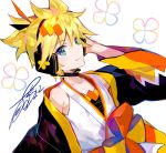  1boy blonde_hair cherry_blossom_print collarbone commentary floral_print fuzichoco happi headphones highres jacket japanese_clothes kagamine_len kimono looking_at_viewer magical_mirai_(vocaloid) open_clothes open_jacket short_ponytail sideways_glance signature smile solo spiked_hair upper_body vocaloid white_background white_kimono wide_sleeves 