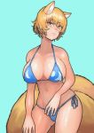  1girl absurdres animal_ears bikini blonde_hair blue_background breasts breasts_apart chanta_(ayatakaoisii) cleavage collarbone cowboy_shot expressionless eyebrows_visible_through_hair groin highres large_breasts looking_at_viewer multiple_tails navel short_hair side-tie_bikini simple_background solo swimsuit tail touhou yakumo_ran yellow_eyes 